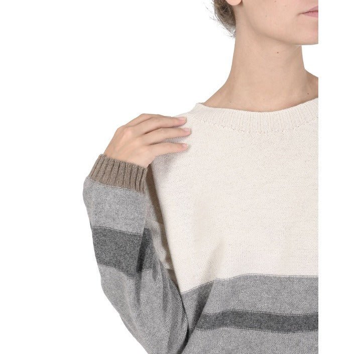 Crown of Edinburgh Cashmere Women's Boat Neck Sweater GREY/CREAM/ TAUPE
