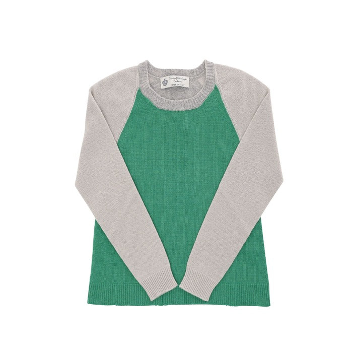 Crown of Edinburgh Cashmere Women's Round Neck Sweater GREEN/CREAM